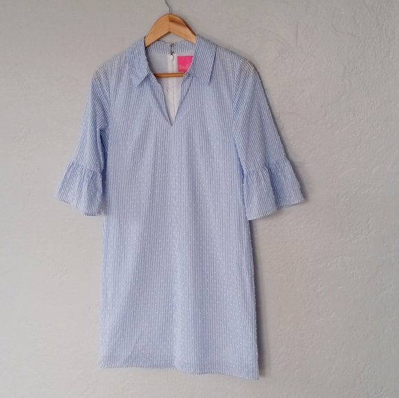 Lilly Pulitzer Ginger Dress Blue Peri Tint Blue White Stripe Swiss Dot 0 - Picture 6 of 15